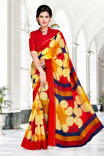 Yellow & Red color Chanderi Cotton saree