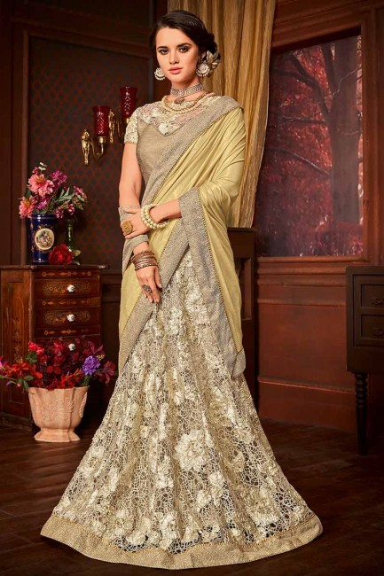 Gold & Cream color Imported Fancy Fabric & Net saree
