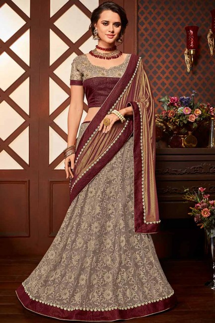 Maroon & Grey color Imported Fancy Fabric & Net saree