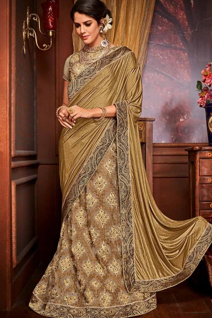 Adorable Golden & Beige color Imported Fancy Fabric & Net saree