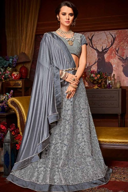Grey color Imported Fancy Fabric & Net saree