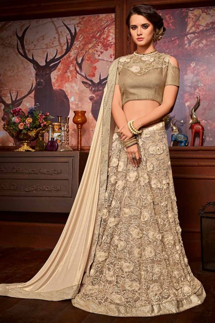 Beige color Imported Fancy Fabric & Net saree