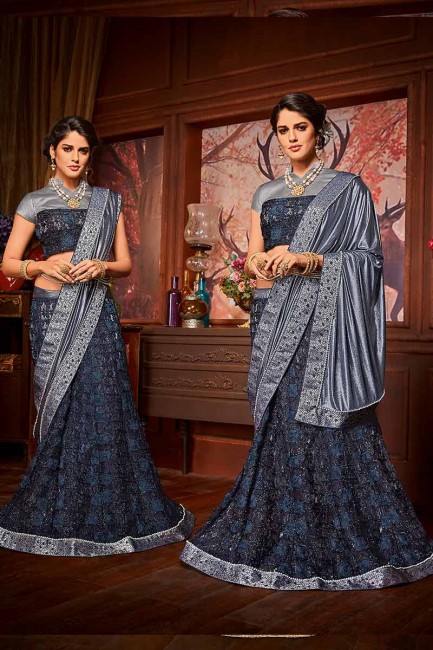 Navy Blue & Grey color Imported Fancy Fabric & Net saree