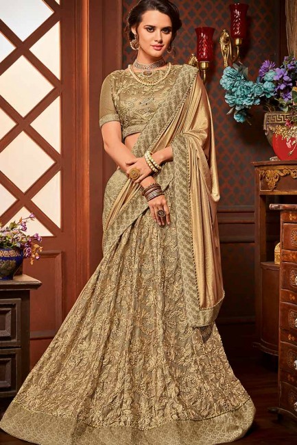 Enticing Golden & Beige color Imported Fancy Fabric & Net saree