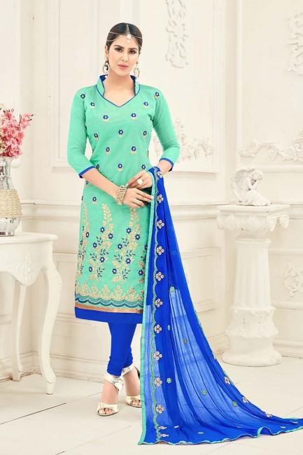 Dazzling Turquoise color Chanderi Churidar Suit