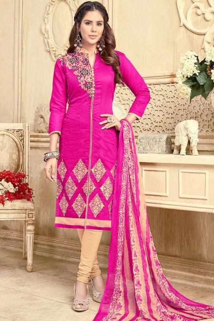 Impressive Pink color Chanderi Churidar Suit