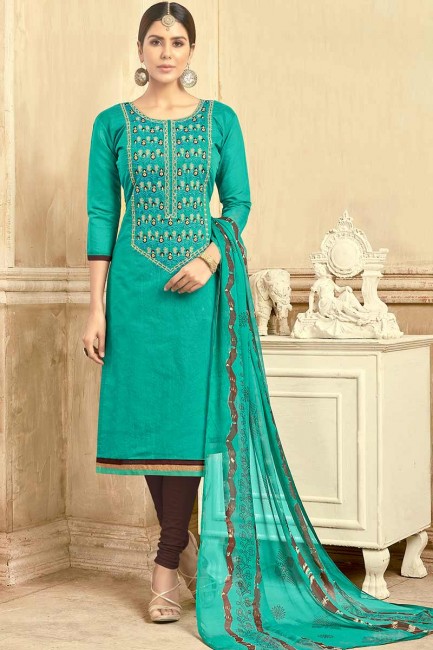 Fascinating Turquoise color Chanderi Churidar Suit