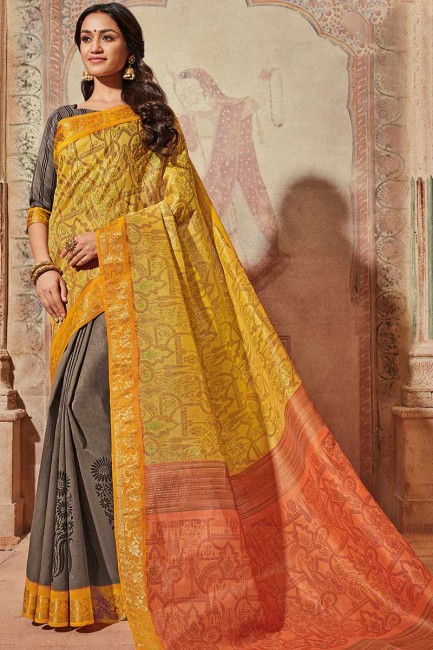 Beautiful Yellow & Grey color Art Silk saree