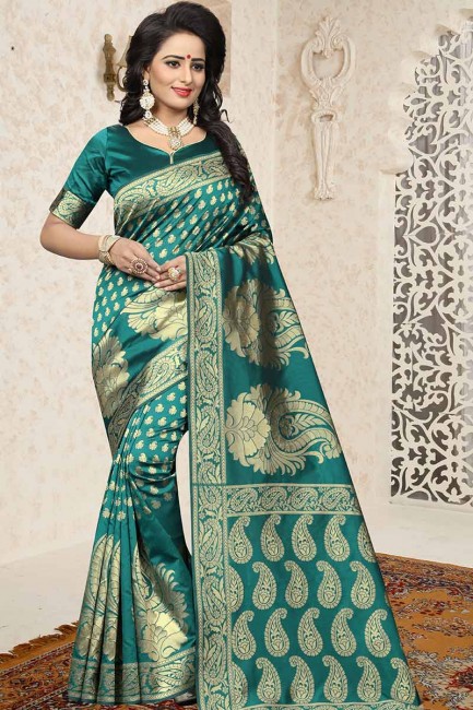 Teal Blue color Banarasi Art Silk saree