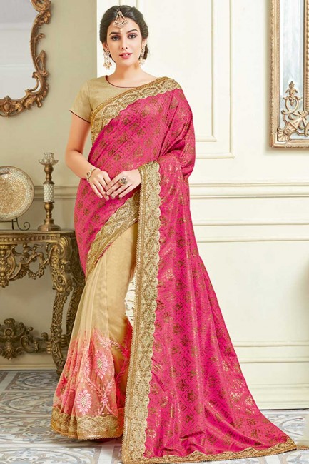 Pink & Cream color Jacquard Silk & Net saree