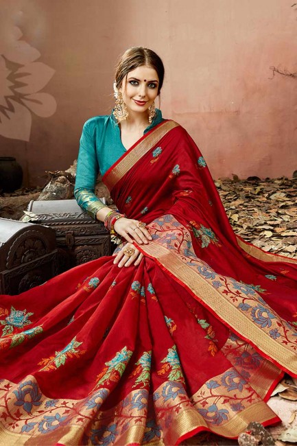Indian Ethnic Maroon Cotton Silk saree