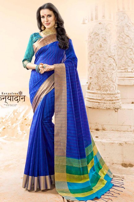 Glorious Royal Blue Handloom Cotton Silk saree