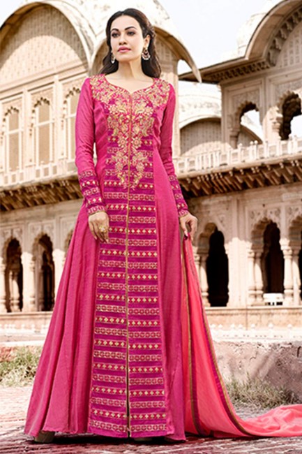 Magenta Pink color Satin Cotton Anarkali Suit