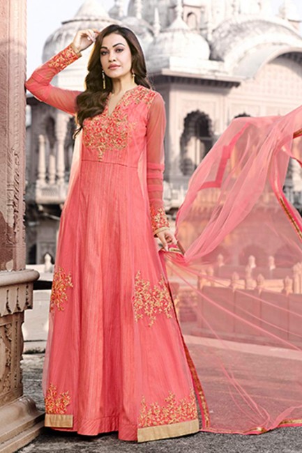 Old Rose Pink color Net Anarkali Suit