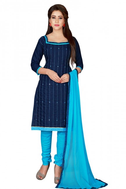 Contemporary Navy Blue color Chanderi Cotton Churidar Suit