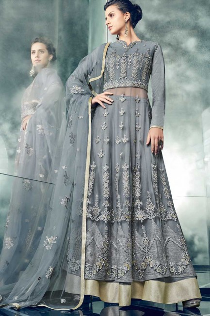 Grey color Net Anarkali Suit