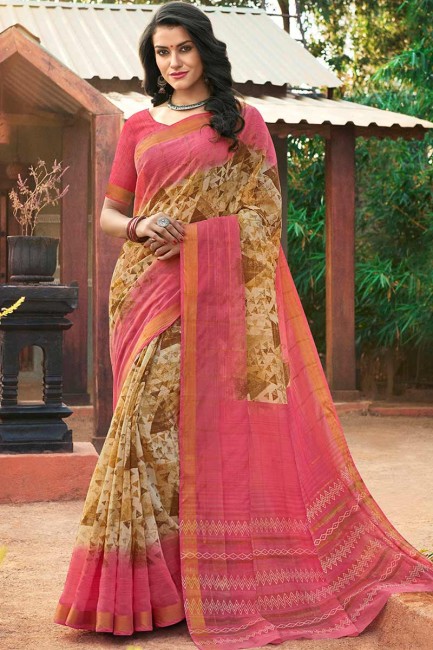 Enticing Pink Cotton Silk saree