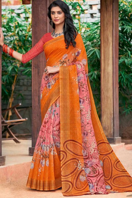 Enticing Orange Cotton Silk saree