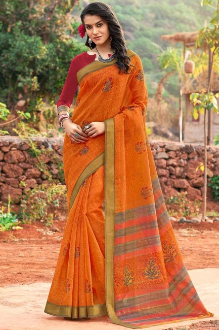 Dazzling Orange Cotton Silk saree