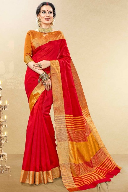 Red Handloom Cotton Silk saree