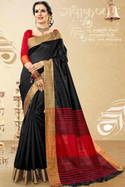 Adorable Black Handloom Cotton Silk saree