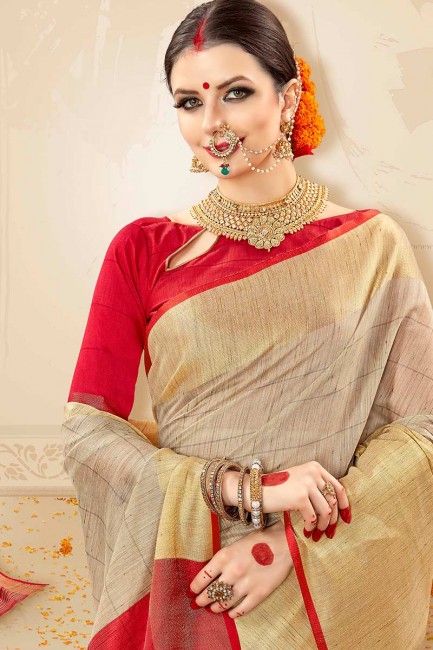 Indian Ethnic Pale Grey Cotton Handloom Silk saree