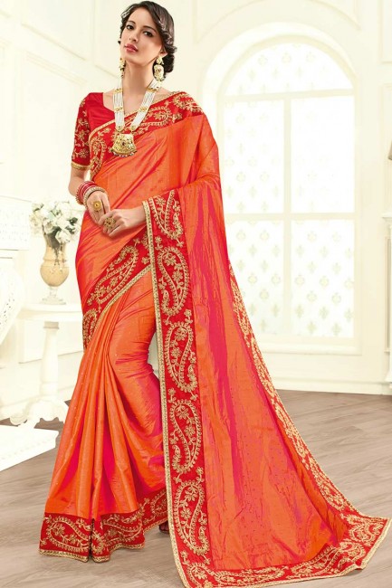 Orange Paper Art Silk saree