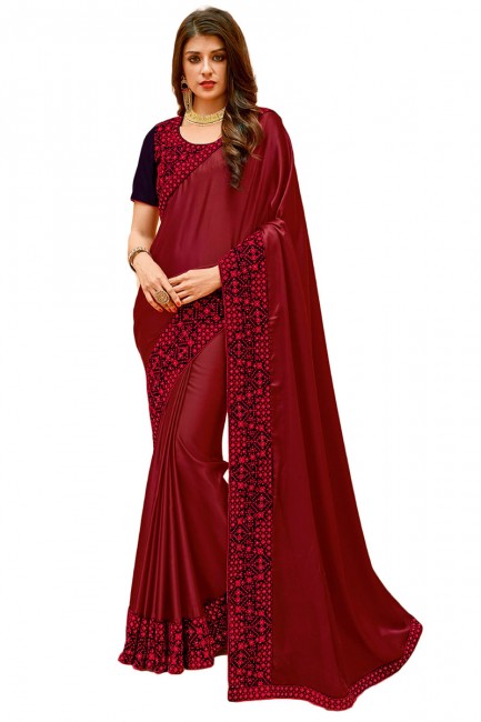 Exquisite Maroon Satin Silk saree