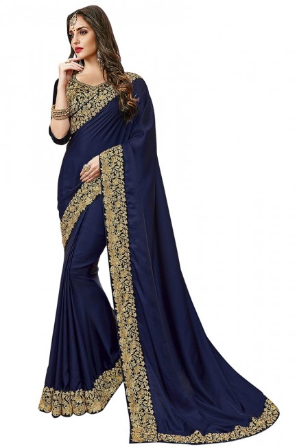 Adorable Navy Blue Satin Silk saree