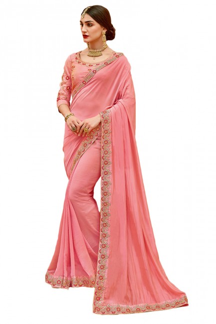 Latest Ethnic Pink Satin Silk saree
