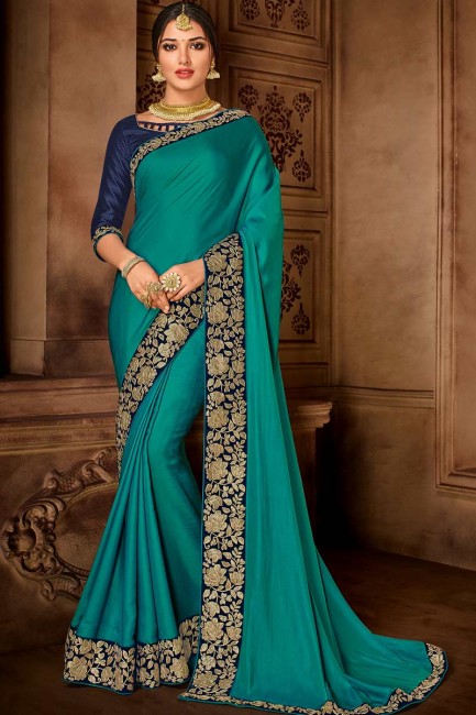 Impressive Teal Blue Satin Silk saree
