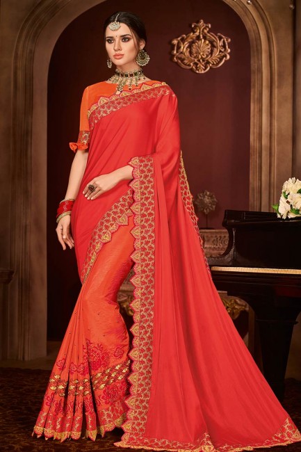 Red & Orange Satin Silk saree