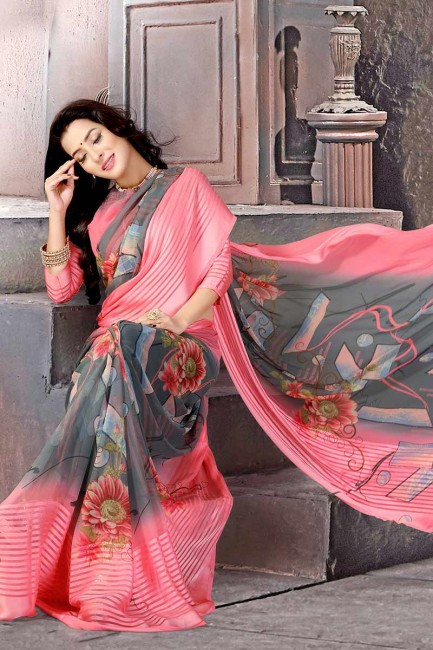 Pink & Grey Satin Silk saree
