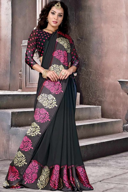 Stylish Black Satin Silk saree