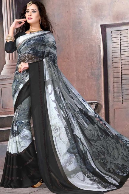 Grey & Black Satin Silk saree