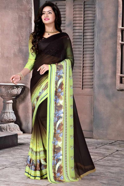 Brown & Green Satin Silk saree