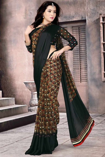 Brown & Black Satin Silk saree