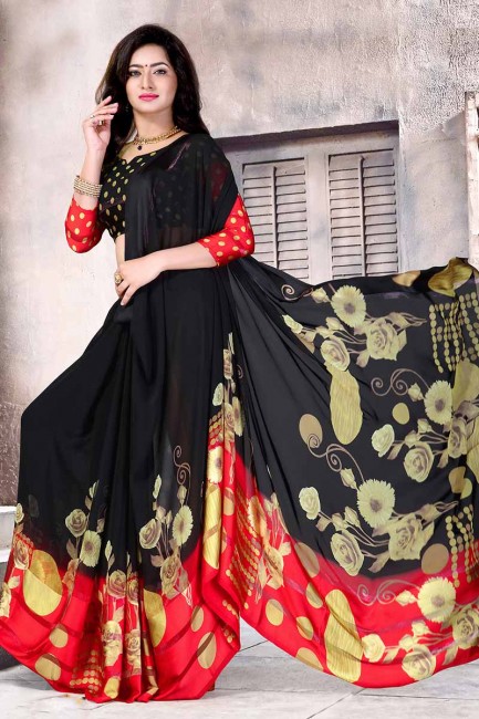 Designer Black & Red Satin Silk saree