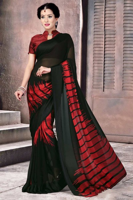Elegant Black & Red Satin Silk saree