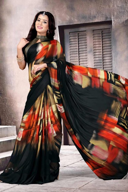 Latest Black & Multi Satin Silk saree