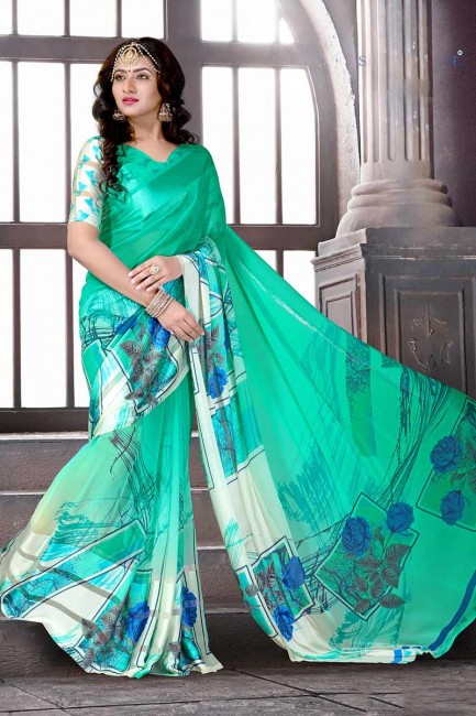 Stunning Sea Green Satin Silk saree