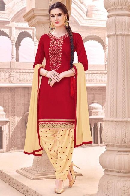 Indian Ethnic Red Cotton Patiala suit