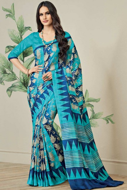 Exquisite Blue Jute Art Silk saree