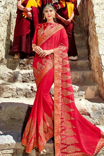 Fashionable Red Chiffon saree