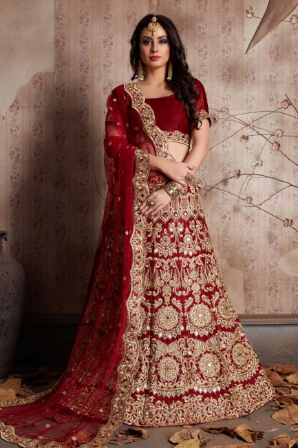 Appealing Maroon Velvet Silk Bridal Lehenga Choli