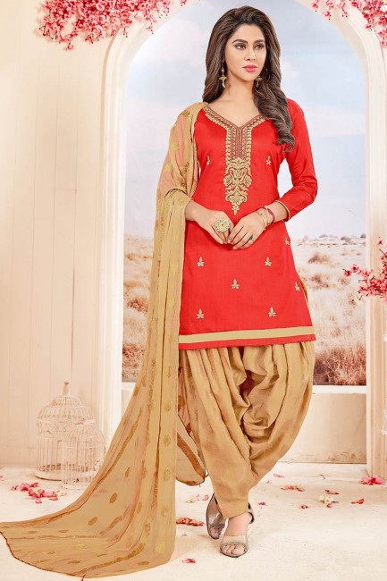 Beautiful Red Cotton Patiala Suit