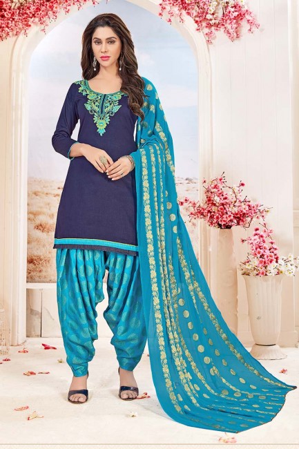 Indian Ethnic Navy Blue Cotton Patiala Suit
