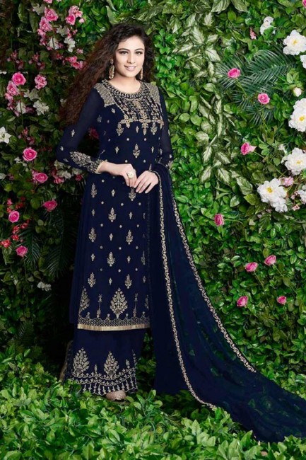 Classy Navy Blue Georgette Palazzo Suit
