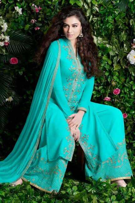 Dazzling Turquoise Blue Georgette Palazzo Suit