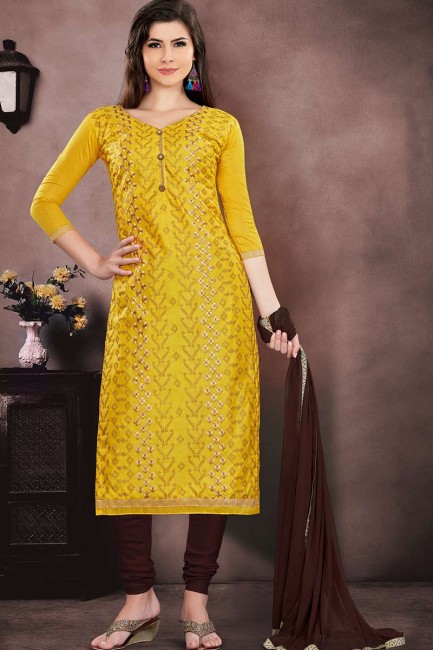 Ravishing Yellow Chanderi Churidar Suit